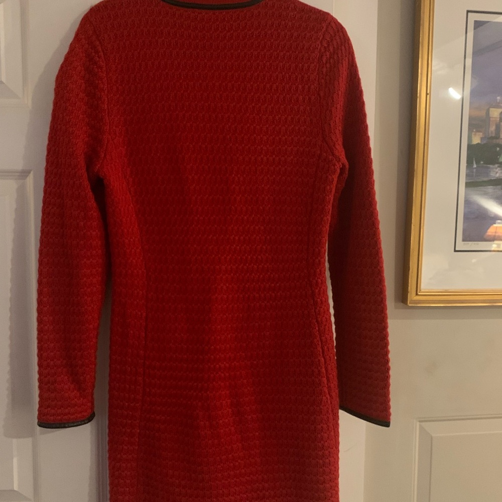 Boston Proper Red Sweater Cardigan with Faux Leather Black Trim - Picture 5 of 6